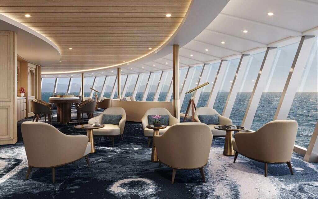 observation lounge on board silver nova featuring floor to ceiling glass windows, telescopes and lounge chairs and sofas around low tables
