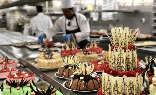 cruise ship galley where they are preparing desserts