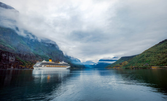 Cruise Ship, Cruise Liners On Sognefjord or Sognefjorden, Flam Norway