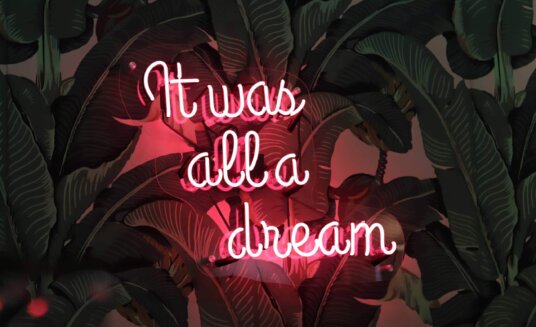 pink neon text against a wall decorated with leaf wallpaper reading it was all a dream