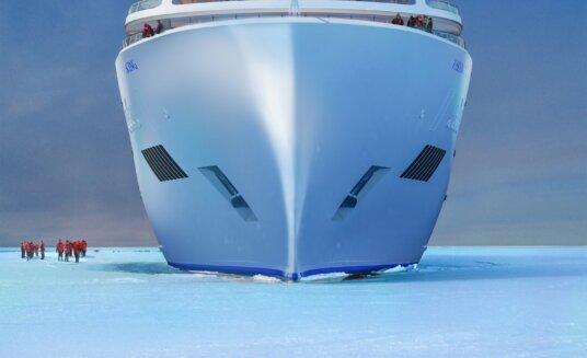 Rendering of a Viking Expedition ship on pack ice with guests standing near-by